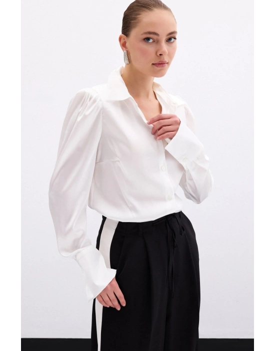 Vatkalı Saten Gömlek - Ekru