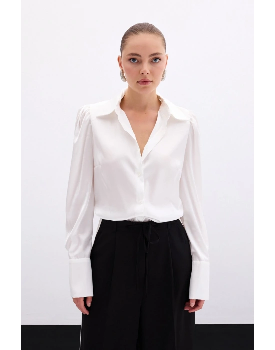 Vatkalı Saten Gömlek - Ekru