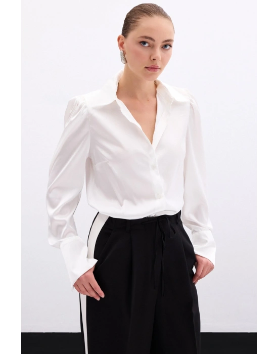 Vatkalı Saten Gömlek - Ekru