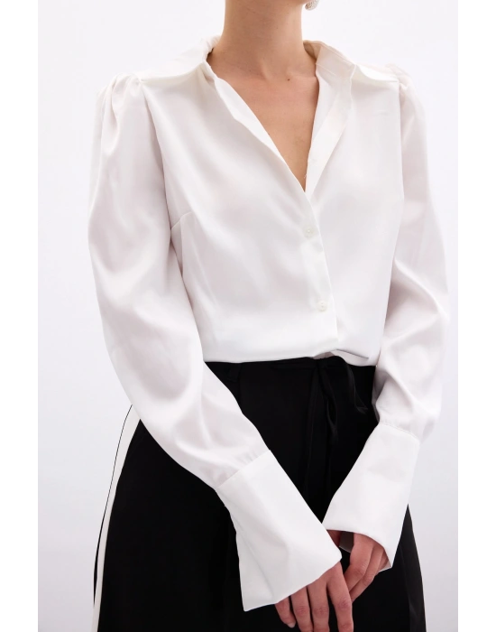 Vatkalı Saten Gömlek - Ekru