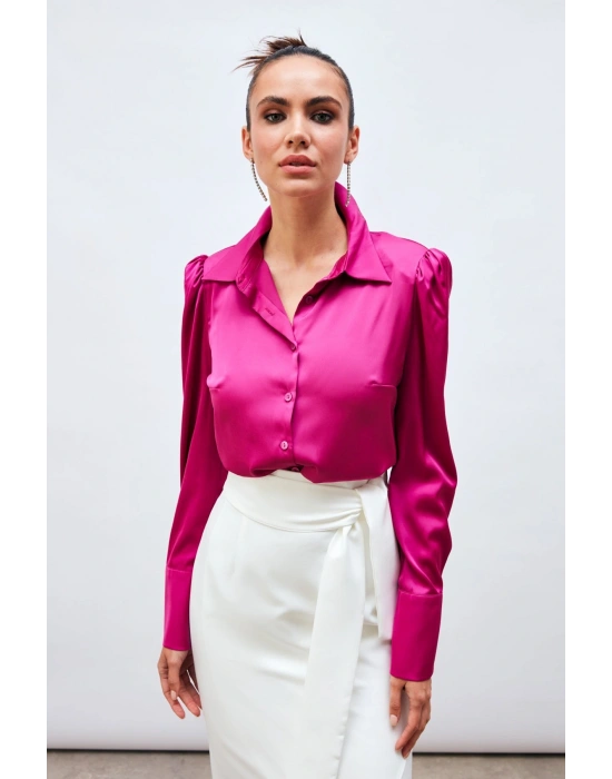 Vatkalı Saten Gömlek - Fuşya
