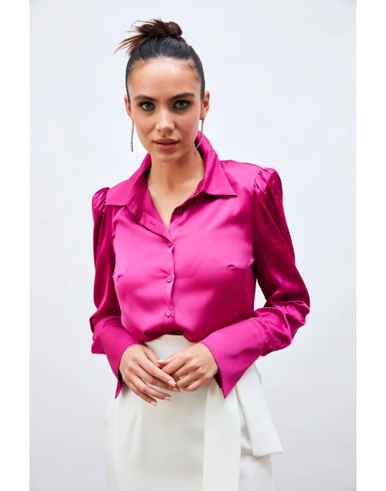 Vatkalı Saten Gömlek - Fuşya