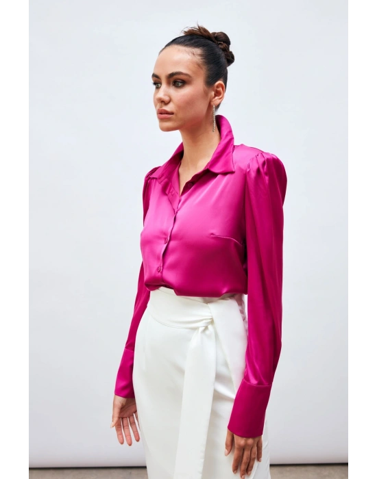 Vatkalı Saten Gömlek - Fuşya
