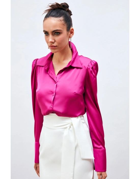 Vatkalı Saten Gömlek - Fuşya