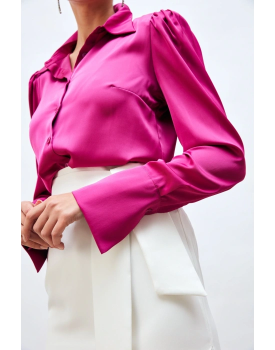 Vatkalı Saten Gömlek - Fuşya