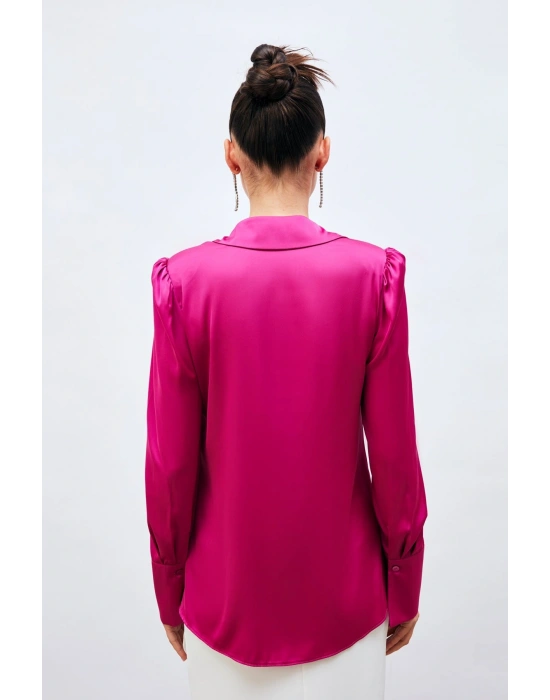 Vatkalı Saten Gömlek - Fuşya