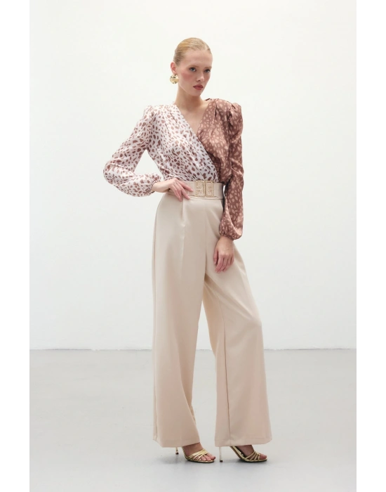 Bel Aksesuarlı Bol Paça Pantolon - Taş