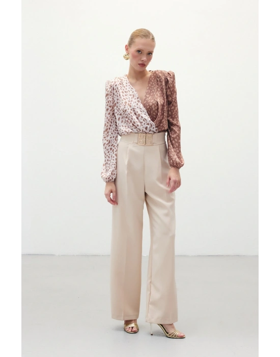 Bel Aksesuarlı Bol Paça Pantolon - Taş