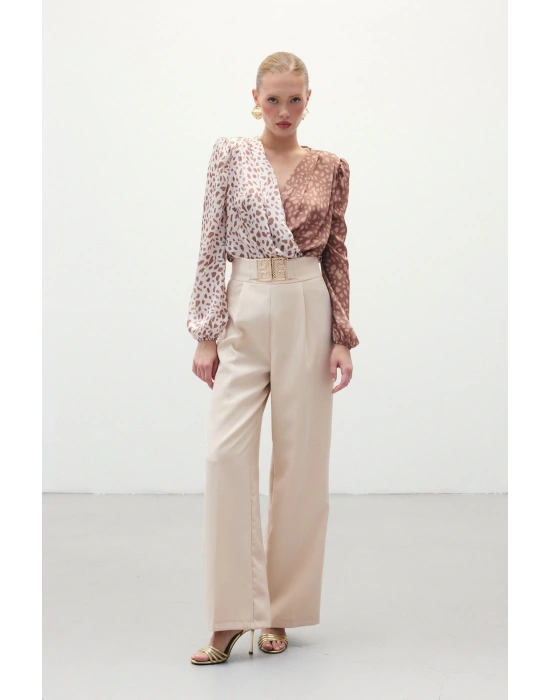 Bel Aksesuarlı Bol Paça Pantolon - Taş