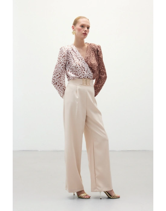 Bel Aksesuarlı Bol Paça Pantolon - Taş