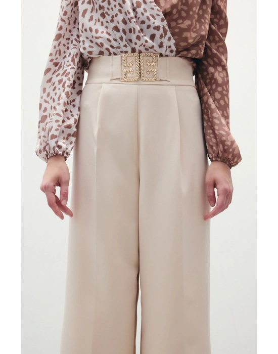 Bel Aksesuarlı Bol Paça Pantolon - Taş