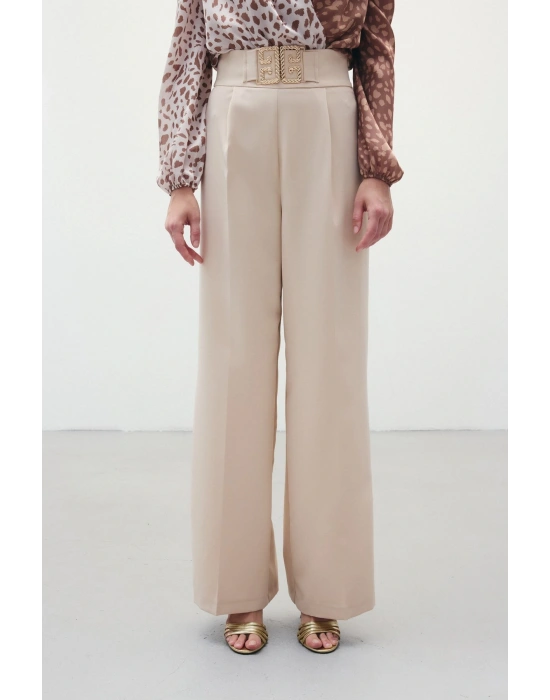 Bel Aksesuarlı Bol Paça Pantolon - Taş