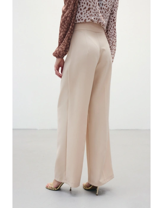 Bel Aksesuarlı Bol Paça Pantolon - Taş