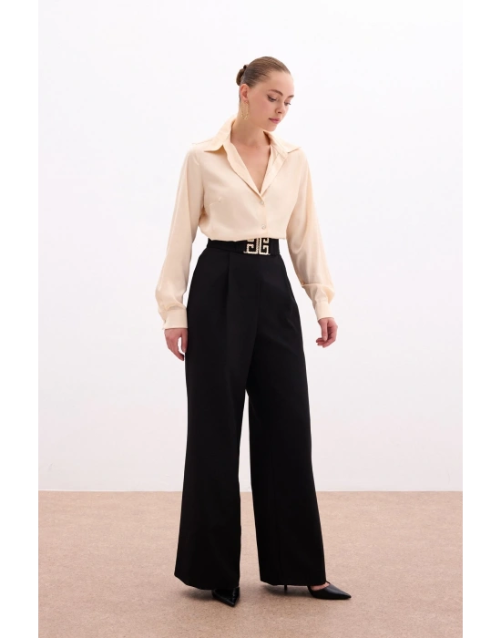 Bel Aksesuarlı Bol Paça Pantolon - SİYAH