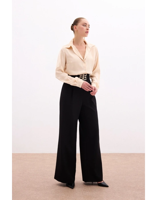 Bel Aksesuarlı Bol Paça Pantolon - SİYAH