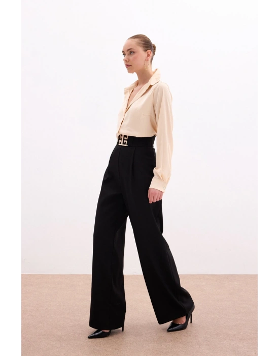 Bel Aksesuarlı Bol Paça Pantolon - SİYAH