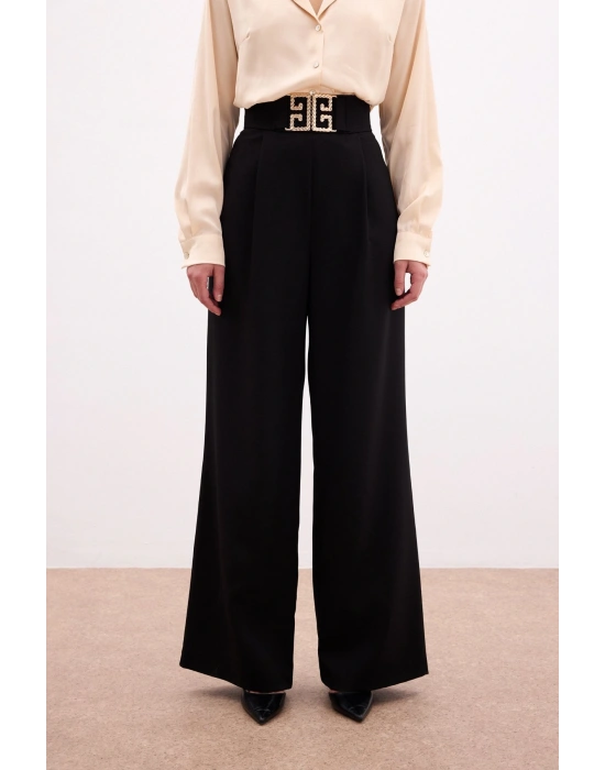 Bel Aksesuarlı Bol Paça Pantolon - SİYAH