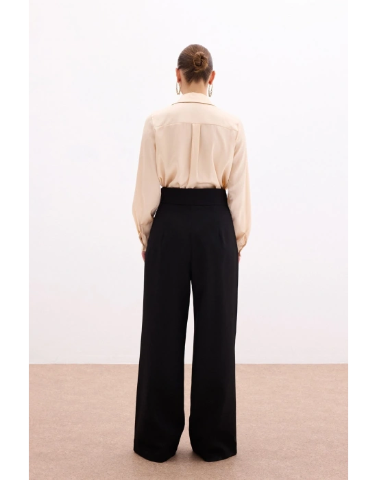 Bel Aksesuarlı Bol Paça Pantolon - SİYAH