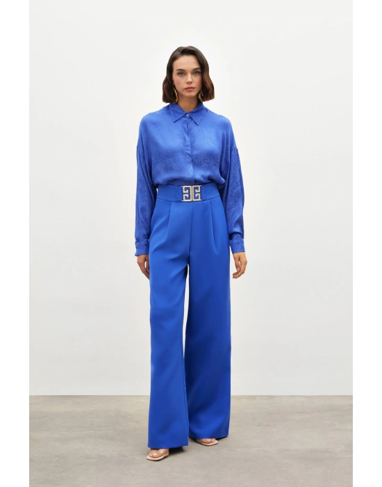 Bel Aksesuarlı Bol Paça Pantolon - SAX MAVİ