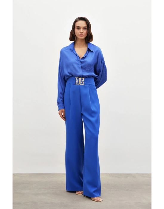 Bel Aksesuarlı Bol Paça Pantolon - SAX MAVİ