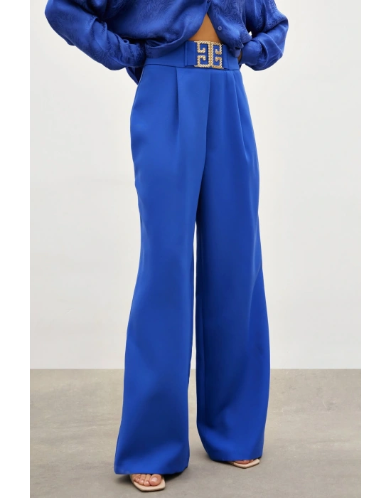 Bel Aksesuarlı Bol Paça Pantolon - SAX MAVİ