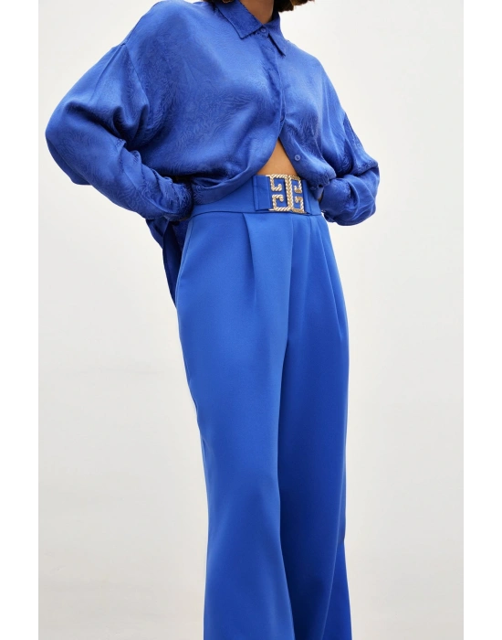 Bel Aksesuarlı Bol Paça Pantolon - SAX MAVİ