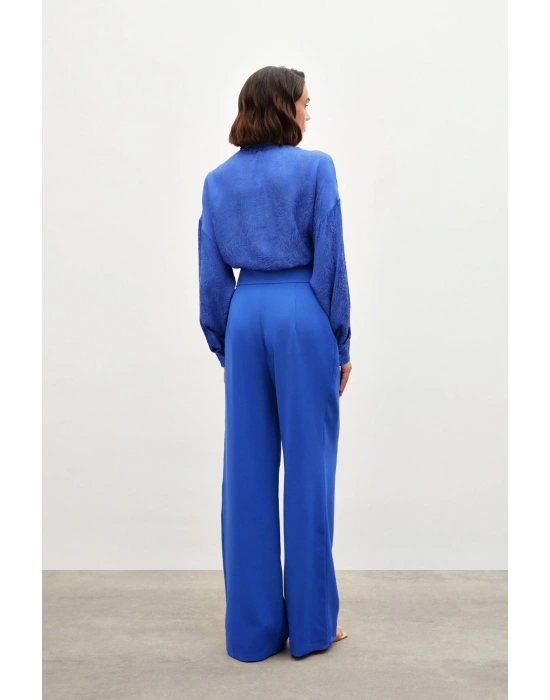 Bel Aksesuarlı Bol Paça Pantolon - SAX MAVİ