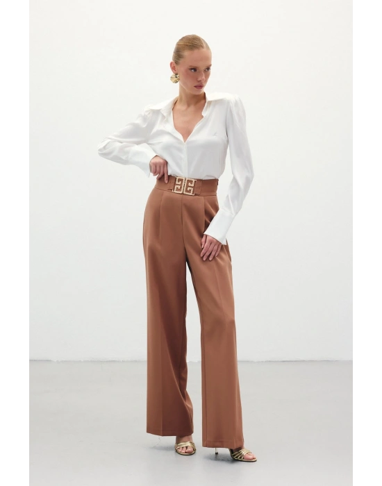 Bel Aksesuarlı Bol Paça Pantolon - Camel
