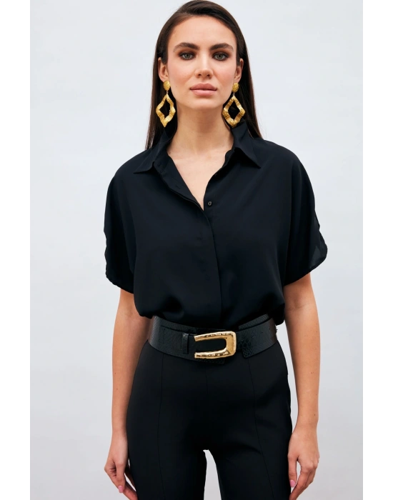 Kol Detaylı Salaş Gömlek - Siyah