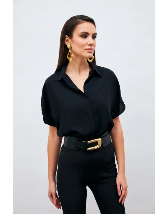 Kol Detaylı Salaş Gömlek - Siyah