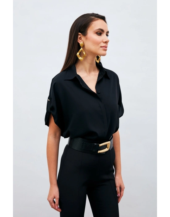 Kol Detaylı Salaş Gömlek - Siyah