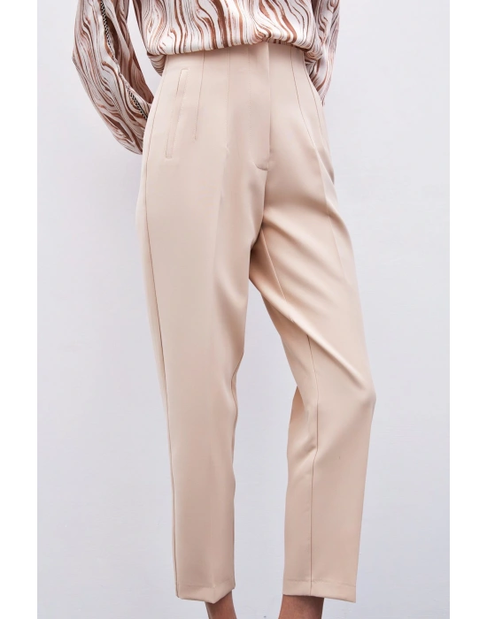 Yüksek Bel Pensli Pantolon - Bej