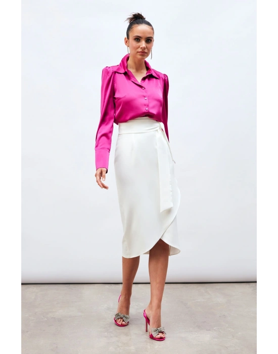 Kuşaklı Kalem Etek - Ekru