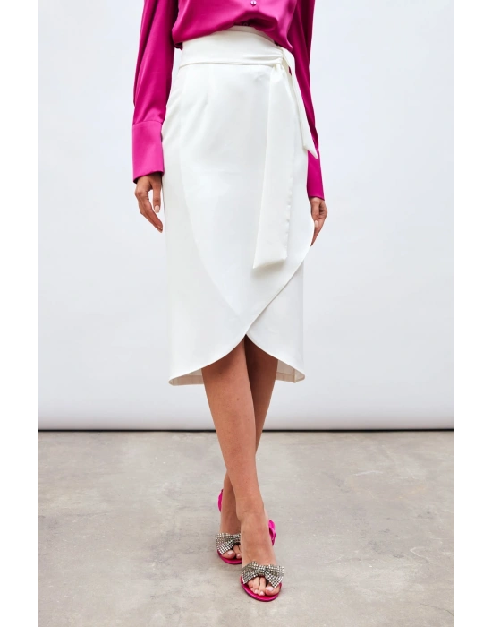 Kuşaklı Kalem Etek - Ekru