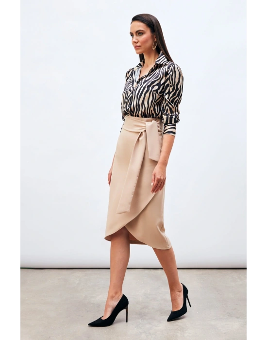 Kuşaklı Kalem Etek - Bej