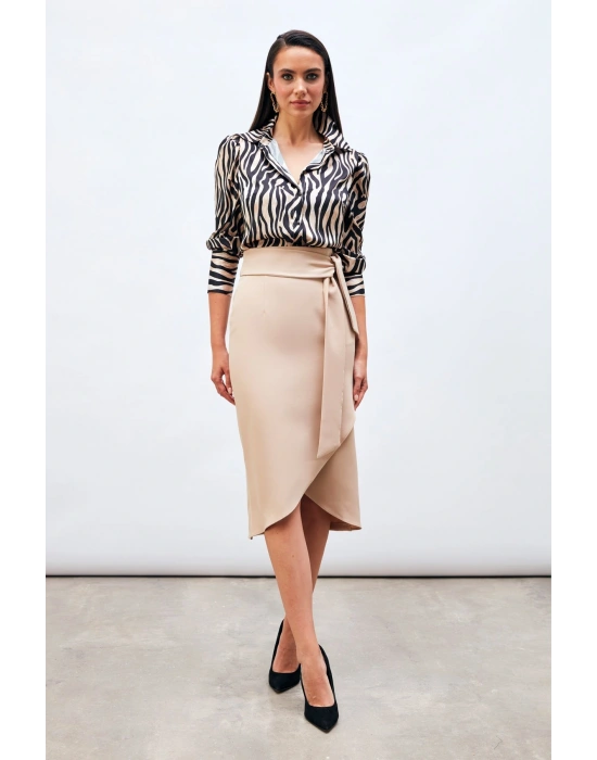 Kuşaklı Kalem Etek - Bej