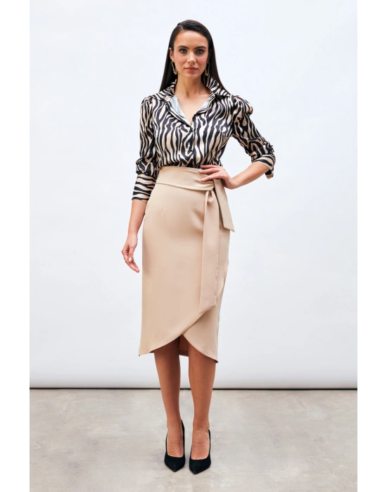 Kuşaklı Kalem Etek - Bej