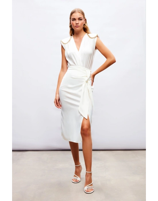 Bağlamalı Saten Etek - Ekru