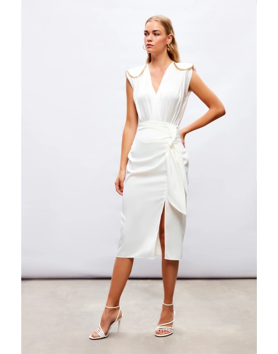 Bağlamalı Saten Etek - Ekru