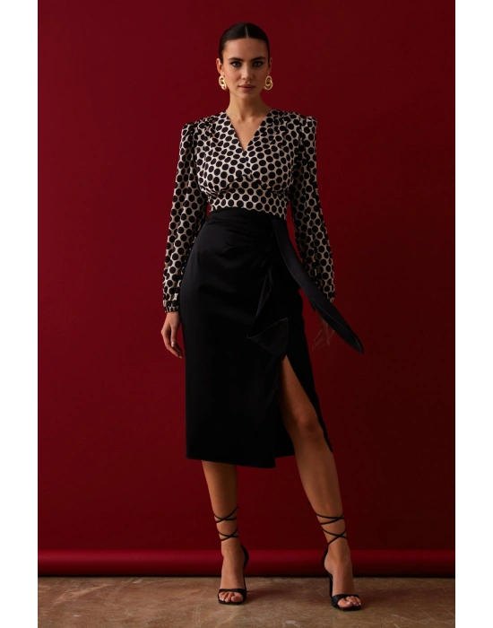 Yırtmaçlı Saten Etek - Siyah