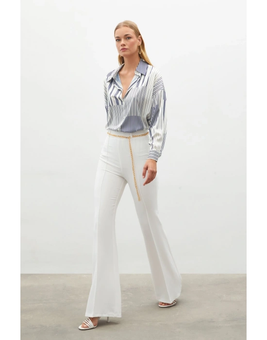 Zincir Kemer İspanyol Paça Pantolon Ekru