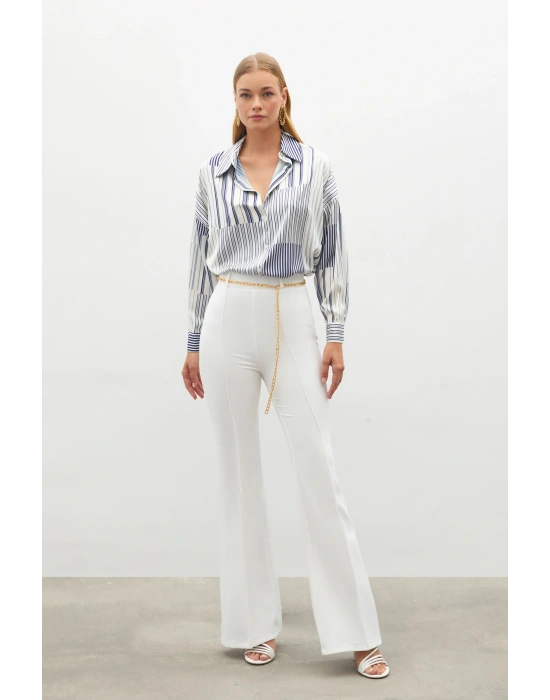 Zincir Kemer İspanyol Paça Pantolon Ekru