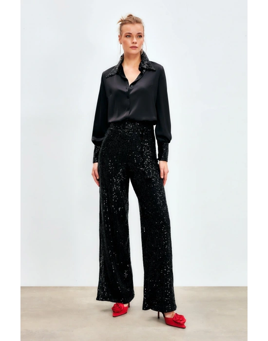Kemerli Payet Pantolon - Siyah