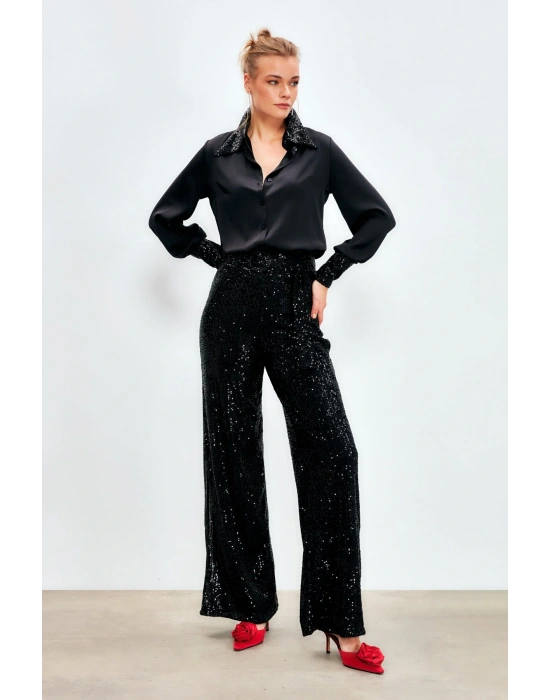 Kemerli Payet Pantolon - Siyah
