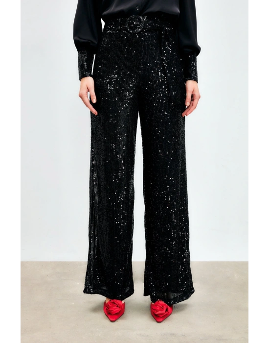 Kemerli Payet Pantolon - Siyah