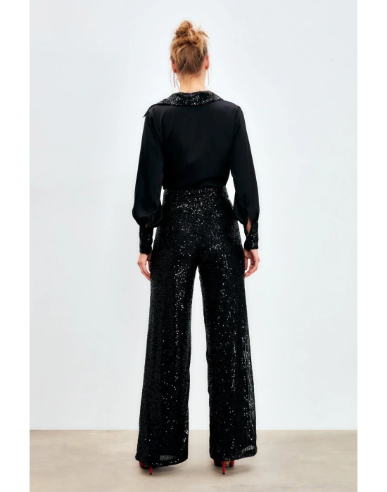 Kemerli Payet Pantolon - Siyah