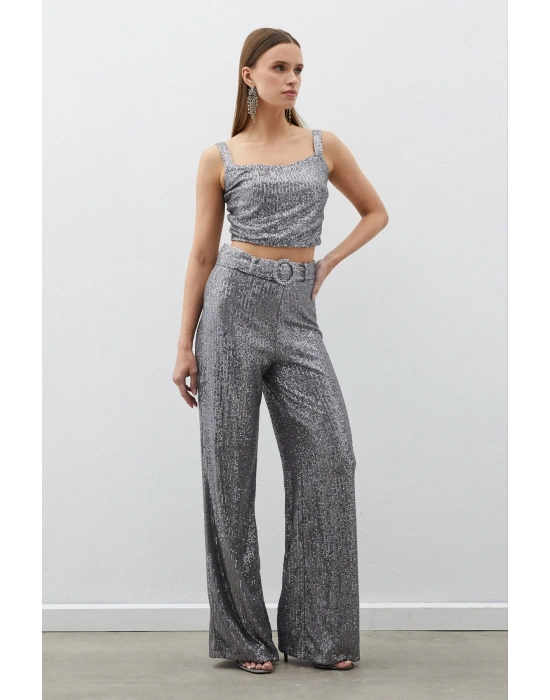 Kemerli Payet Pantolon - Gümüş