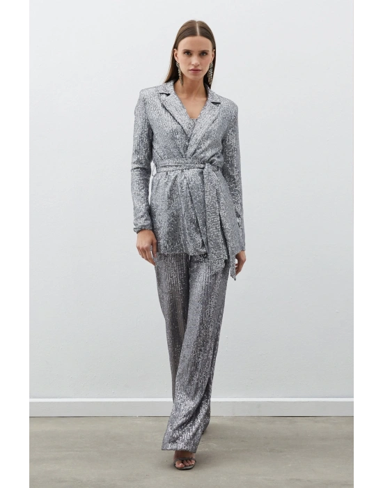 Kemerli Payet Pantolon - Gümüş