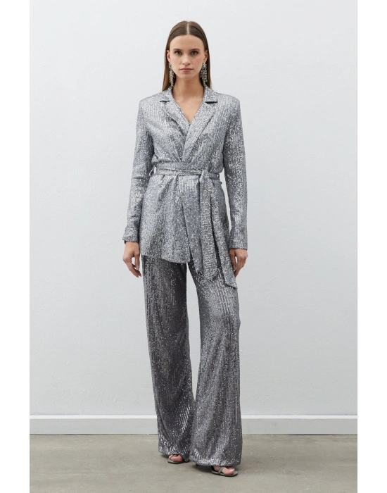 Kemerli Payet Pantolon - Gümüş