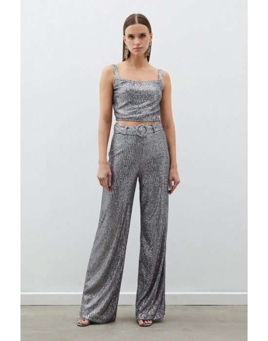 Kemerli Payet Pantolon - Gümüş